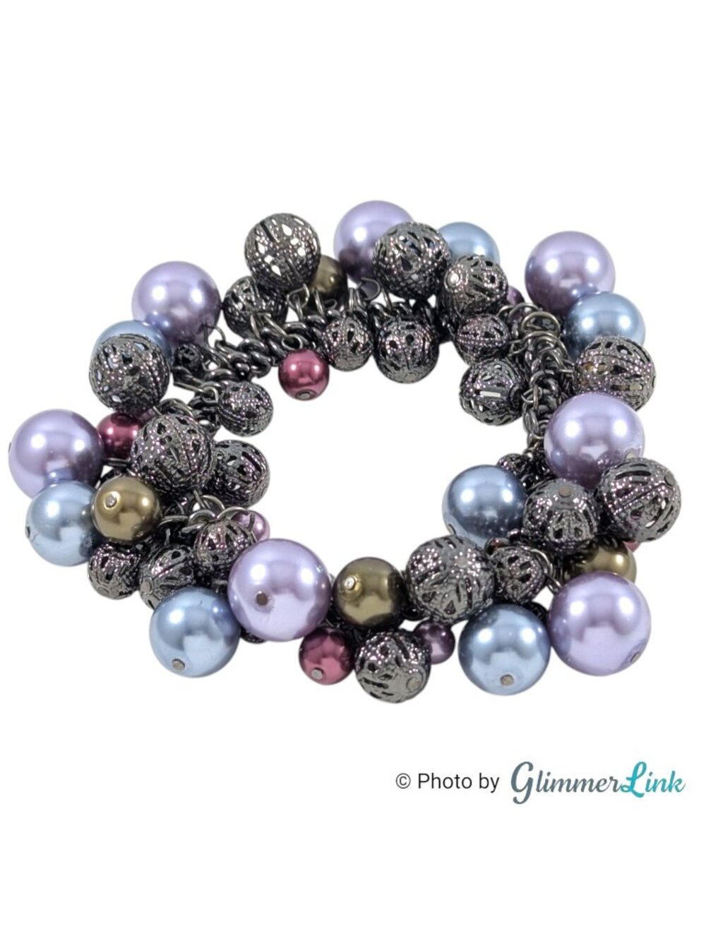Gunmetal Tone Cluster Charm Bracelet Faux Pearl Stretch Y2K Style